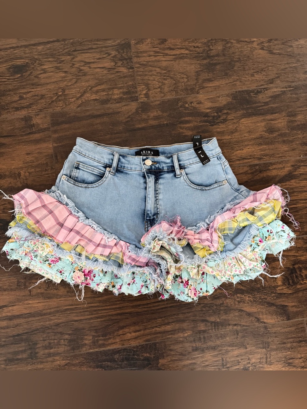 AKIRA Light Wash Denim Mini Skirt with Pink, Yellow & Mint Floral Ruffles